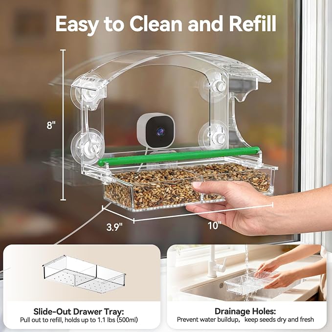 Dzees Window Bird Feeder with Camera, 2K HD Live Stream & AI Bird Identification, Smart Bird Feeder for Window Mount, Auto-Capture, 2.4GHz WiFi, Strong Suction Cup Installation, Gift for Bird Lovers