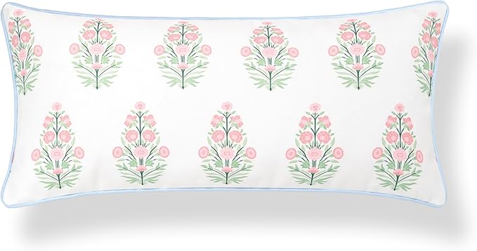 Hofdeco Premium Coastal Grandmillennial Patio Indoor Outdoor Lumbar Pillow Cover Only, 12"x26" Water Repellent for Backyard, Couch, Poolside, Pink Green Print Flower