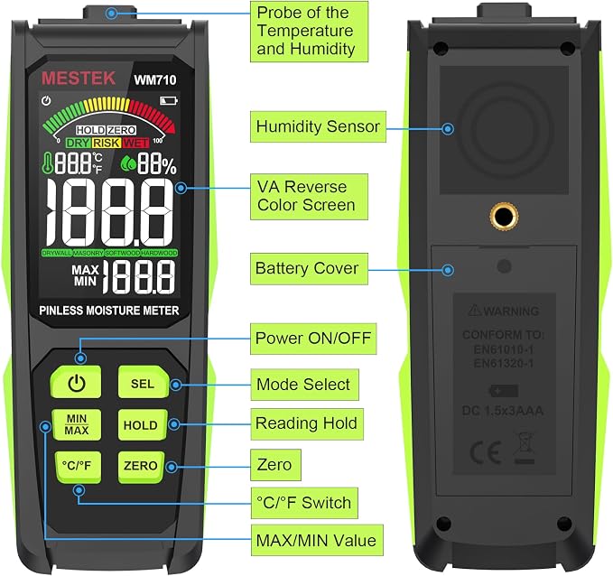 Pinless Moisture Meter, MESTEK Wood Moisture Meter Digital Moisture Detector for Lumber Drywall Firewood Masonry Woodworking Plaster Floor Concrete Building with LCD Display Sound Alarm