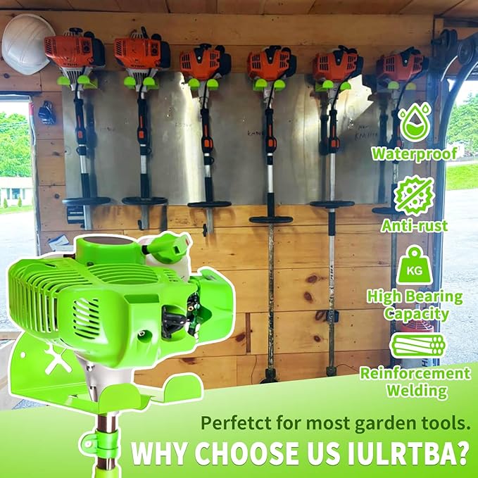 Upgraded Trimmer Rack Wall Mount - 8" Heavy Duty Weed Eater Hanger for Garage Wall, Garden Power Tool Holder Organizer Hooks for Grass Trimmer, Hedge Trimmer, Leaf Blower and Chainsaw, Green, 1 Pack