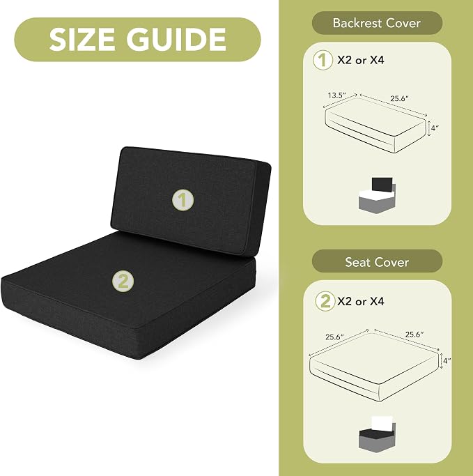 Outdoor Furniture Cushions 25.6x25.6 Inch, Deep Seat Patio Couch Cushions Replacement for Sectional Conversation Set Sofa Loveseat, Water Resistant, Removable Cover, Set of 2, Black