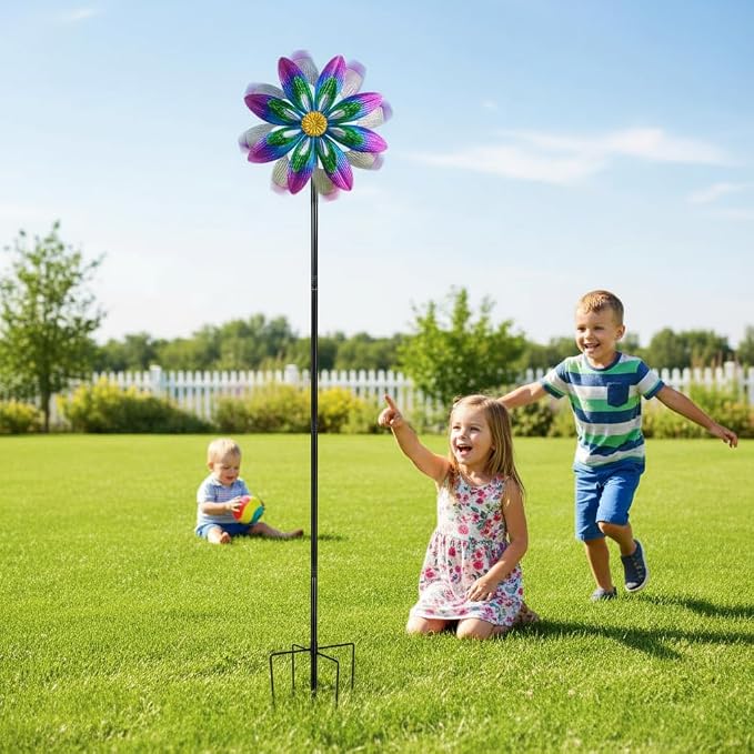 360°Metal Wind Spinner Outdoor,13”Double Wind Sculptures Garden Pinwheels with Metal Stak,Waterproof Pinwheels Large Wind Spinner for Yard and Garden(Purple)