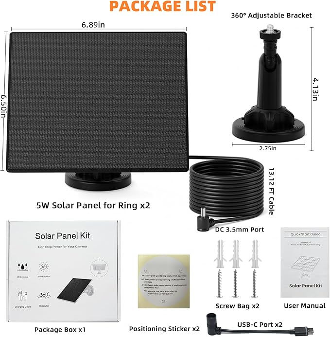 2 Pack 5W Solar Panel for Ring Camera – Compatible with Spotlight Cam (Plus/Pro/Battery), Stick Up Cam/Pro & All-New Stick Up Cam Battery, 13ft Cable, USB-C Adapter, Waterproof