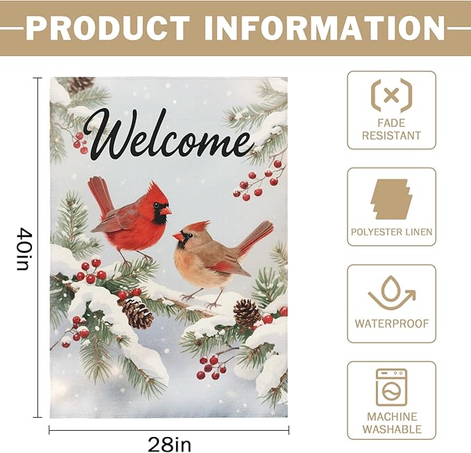 Winter Cardinal House Flag 28x40 Inch Snow Scene Bird Welcome Christmas Holiday Seasonal Decorative Garden Flags for Outside Double Sided Outdoor Home Farmhouse Decoration Porch Yard New Year Decor