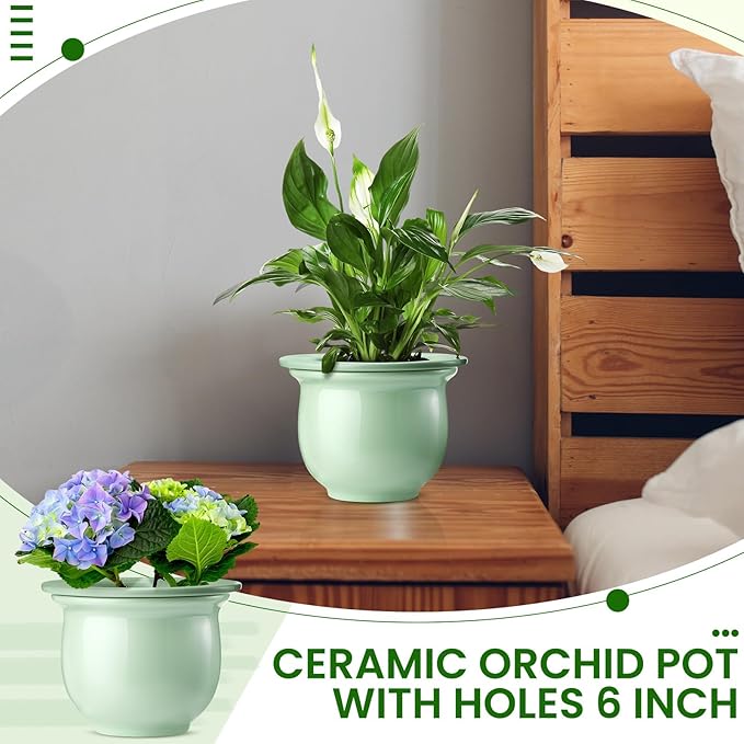 Suclain 2 Pack Ceramic African Violet Pots Self Watering Plant Pot Effortless Self Watering Plant Flower for Busy Lovers, Indoor(Green,6.5 Inch)