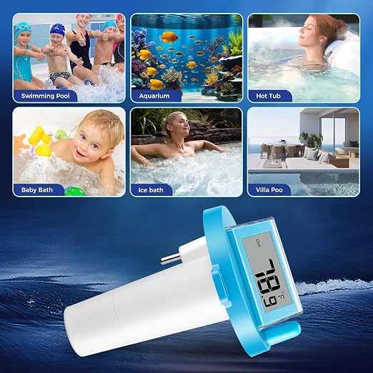 Solar Wireless Floating Pool Thermometer - Upgraded IPX8 Waterproof Easy Read Digital Thermometer with Time, Indoor Temperature & Humidity Monitor for Swimming Pools, Spas, Hot Tubs