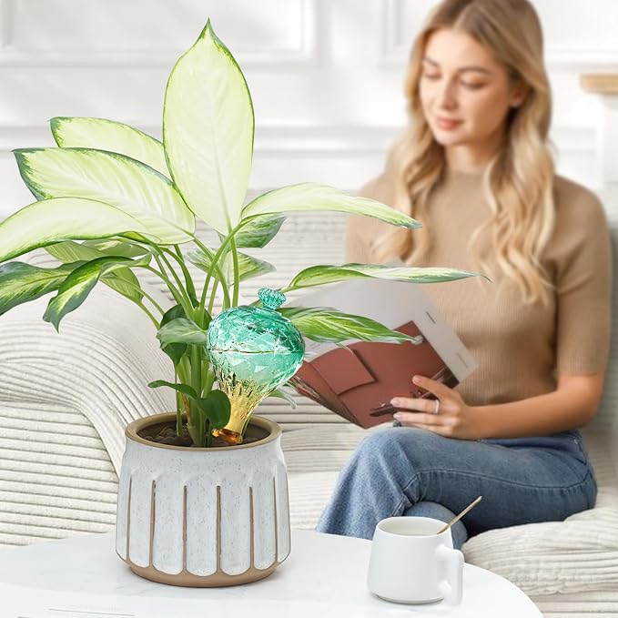 12 oz Plant Watering Globes, Green Glass Self Watering Bulbs Top Fill with Terracotta Spikes Stake, Self Watering Planter Insert Vacation Automatic Plant Waterer Device for Indoor & Outdoor 2Pack