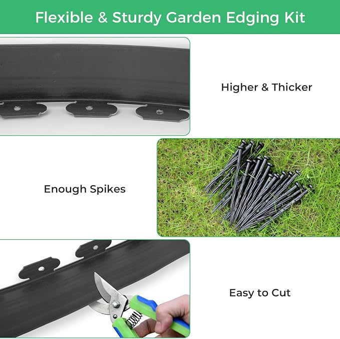 4-Inch x 33 FT Landscape Edging Border with 50 Spikes, No Dig Garden Edging Lawn Border Kit, Plastic Mulch Border Flexible for Garden Flower Beds Lawn Yard Pathway Paver (Black)