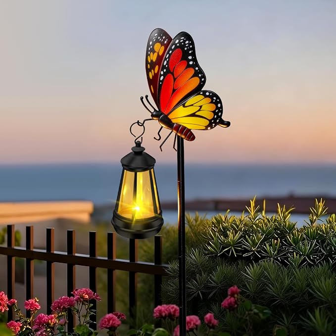 ZFNN Solar Garden Decor Lights Outdoor Waterproof, Metal Butterfly Stakes with Solar Lanterns, Decorative Yard Art for Outside Patio Lawn Ornaments, Gifts for Women Mom(2Pack)