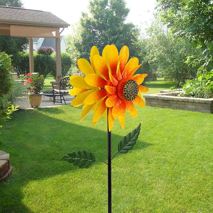 Viveta Sunflower Outdoor Wind Spinner, 4 Layers Metal Wind Spinners, Decorative Pinwheels for Yard Patio Lawn Garden