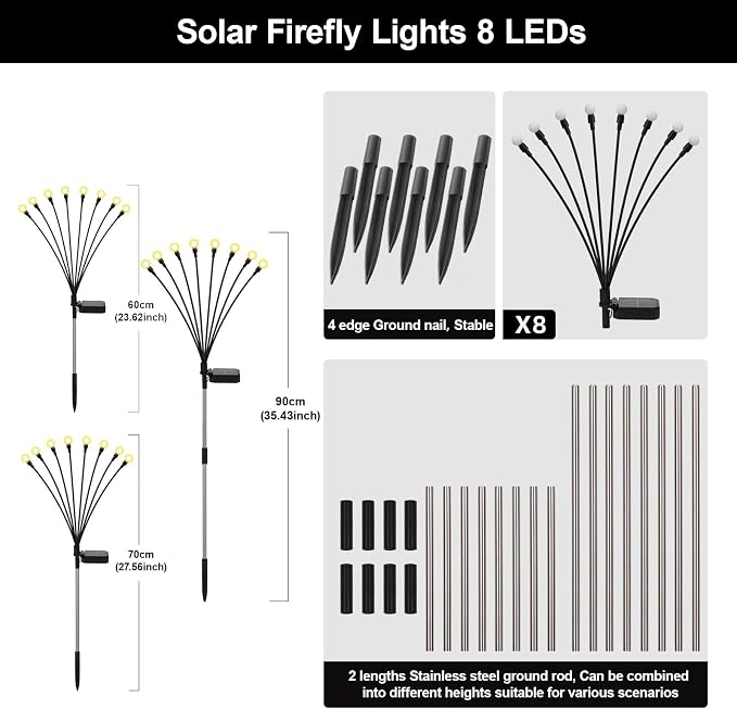 Solar Firefly Lights Warm White, 8 Modes 800mAh Swaying Firefly Yard Lights Solar Powered Outdoor Waterproof for Outside Yard Patio Lawn Pathway Walkway Stake Christmas Garden Decor (8 Pack)