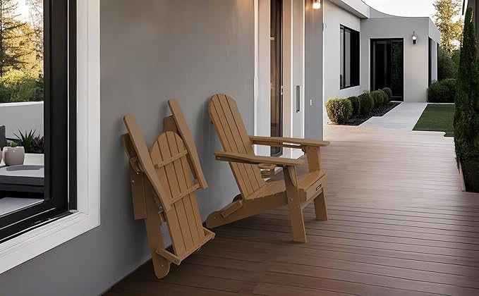 Folding Adirondack Chair, Wooden Textured Plastic Adirondack Chairs with 2 Cup Holder, Weather Resistant HDPE Fire Pit Chair, Outdoor Patio Chairs for Garden, Backyard, Lawn, Deck, 380LBS, Teak