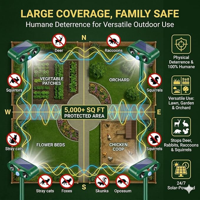 4 Pack Upgraded Sonic Fortress Pro Deer Repellent Cat Deterrent Outdoor Solar Ultrasonic Animal Repeller with Motion Sensor for Skunk Rabbit Raccoon Squirrel Fortress Pro for Yard Garden
