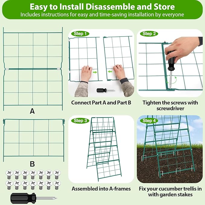 ROADPLUM 2 Pack Cucumber Trellis for Raised Garden Bed, Outdoor Sturdy Metal A-Frame Cucumber Trellis Support for Climbing Plants Vegetables with Accessories, Easy Installation & Easy Harvesting