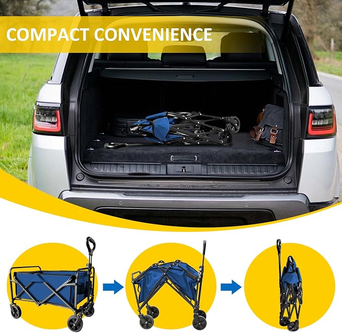 Garden Cart Folding Wagon with Small Wheel, Collapsible Outdoor Wagon Cart Heavy Duty with Universal Wheels & Adjustable Handle, Utility Grocery Wagon for Camping Shopping, Sports - Navy Blue