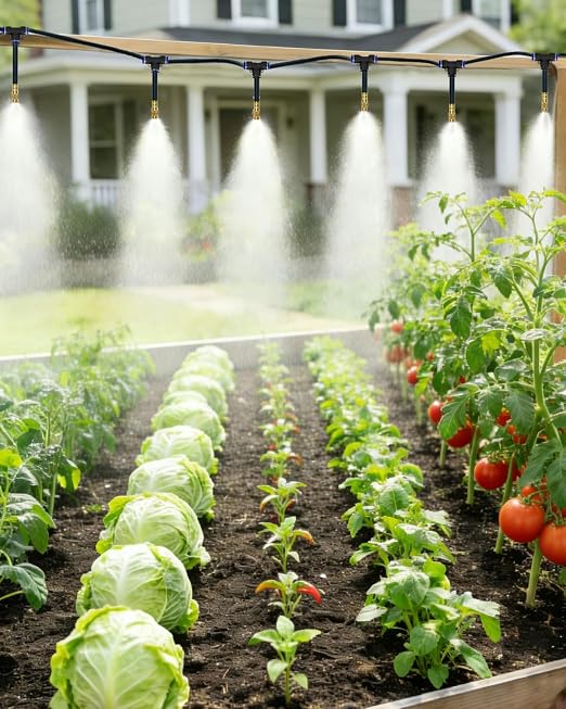 Upgraded 5/16" Drip Irrigation Kit (100FT), High-Flow Garden Watering System with 16 Bendable 360° Brass Misting Nozzles, Quick-Push Connectors & Leak-Proof Design for Patio, Greenhouse & Flower Beds