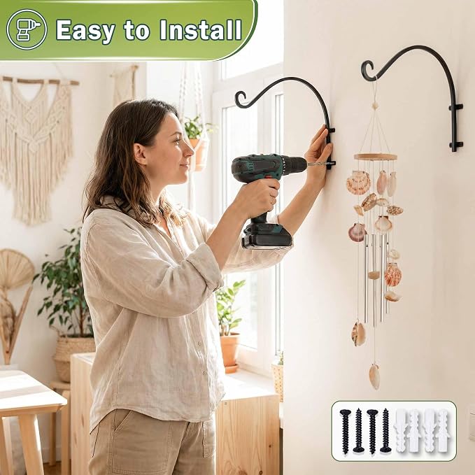 Lifyzoon Heavy Duty Hanging Plant Bracket: 50lbs Weight Capacity - Bird Feeder Hangers 2 Packs, 12-Inch Black Metal Plant Bracket Wall Hook for Birdhouse, Wind Chimes, Lanterns, Easy to Install
