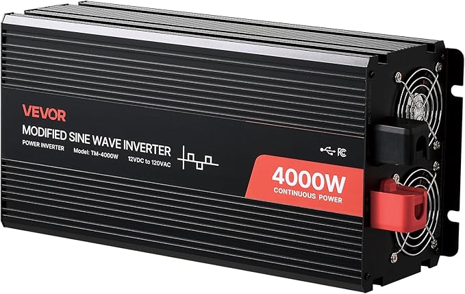 VEVOR 4000W Power Inverter, 12V DC to 120V AC Modified Sine Wave Inverter, Solar Car Charger Converter with LCD Display, Remote Control, 2 USB Ports, 4 AC Outlets, Type-C Port, for RV, Truck Outdoor