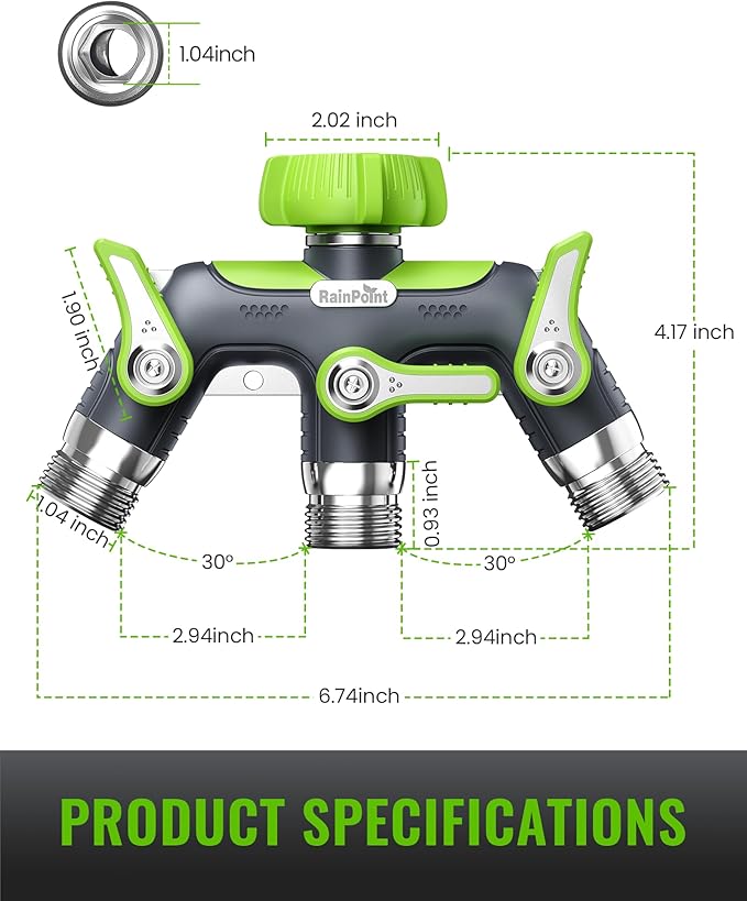 RAINPOINT 3 Way Hose Splitter, 100% Metal Heavy Duty Garden Hose Splitter With 1.9" Extra Long Handle & Individual Shut Off, 3/4 Inch GHT Thread Water Hose Connector For Outdoor Spigot Faucet (Green)