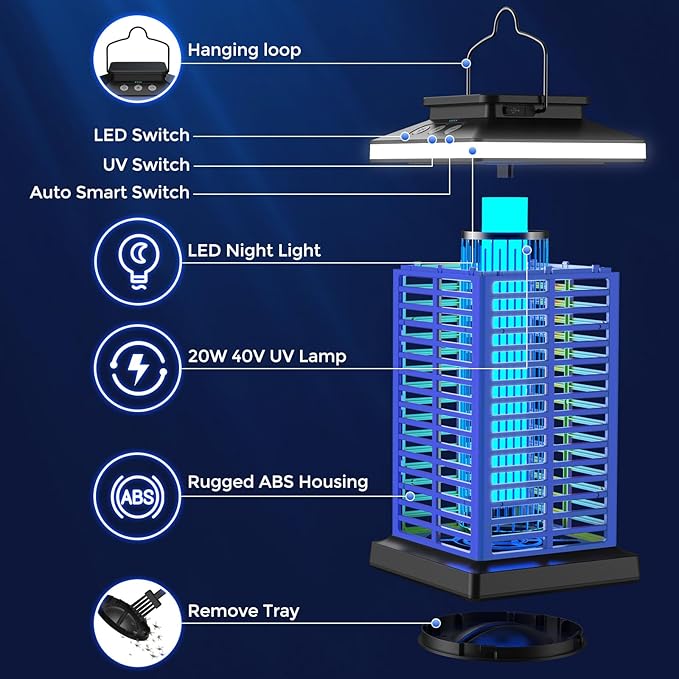Bug Zapper Outdoor, Mosquito Zapper 2 in 1 Portable & Rechargeable Bug Zapper Outdoor with 5000mAh Battery & LED Night Light, 4000V Electric Fly Zapper for Outside,Patio,Backyard,Garden Blue