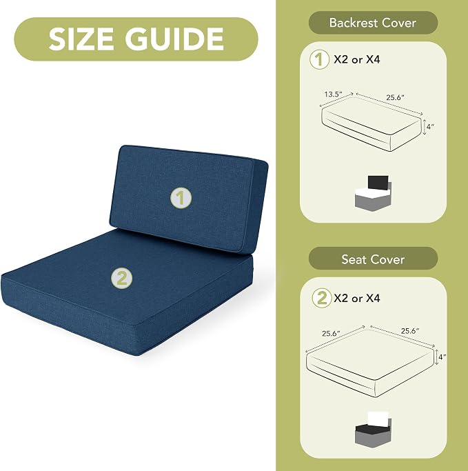 Outdoor Furniture Cushions 25.6x25.6 Inch, Deep Seat Patio Couch Cushions Replacement for Sectional Conversation Set Sofa Loveseat, Water Resistant, Removable Cover, Set of 2, Navy Blue