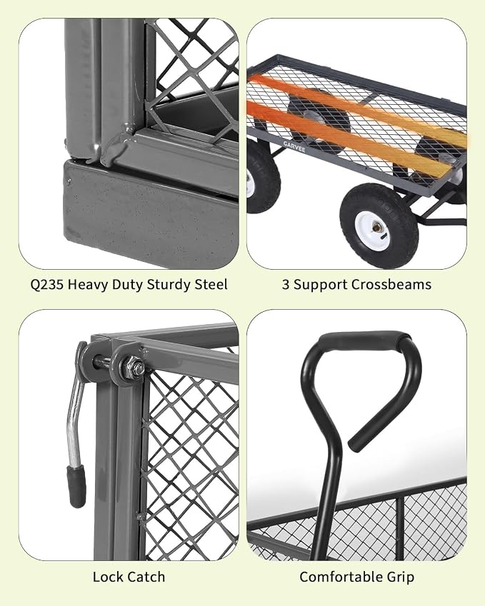 Garvee Versatile Outdoor Utility Cart-400LBS Heavy-Duty, 10" All-Terrain Pneumatic Tires, Easy Maneuverable Lawn Cart with Removable Mesh Panels for Gardening&Landscaping, Grey, with Waterproof Liner