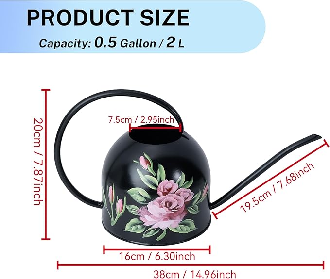 MOYEE Small Black Metal Long Spout Watering Can Outdoor Indoor Spray Bottle for Plants Hand Drawn Patterns,1/2 Gallon Plant Mister Durable Metal Structure Lawn Garden Watering Equipment
