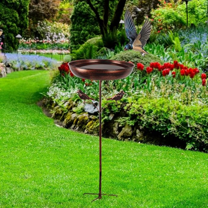 DREAMSOUL 13" Dia Bird Bath with 5 Prong Stake, 34 Inch Tall Bird Bath for Outside Metal Birdbath for Garden Yard Patio