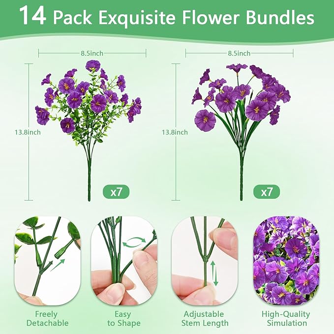 Yastouay Artificial Flowers for Outdoors, 14 Bundles Fake Outdoor Flowers, UV Resistant Artificial Plants & Flowers for Decoration, Purple Realistic Morning Glory for Outdoor Porch Garden Decoration