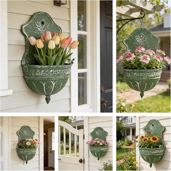 Vintage Distressed Green Metal Wall Planter, Rustic Hanging Pocket Planter with Scrollwork & Scalloped Design, Farmhouse Wall Decor for Indoor & Covered Outdoor Garden, Porch & Entryway