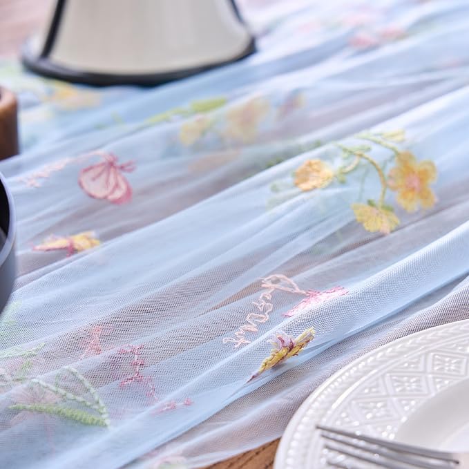 vctops 2 Packs Embroidery Lace Spring Table Runner 10ft Floral Garden Seasonal Tulle Table Runner Holiday Kitchen Dining Table Decoration for Wedding Party Baby Shower Birthday (Blue,30"x120")