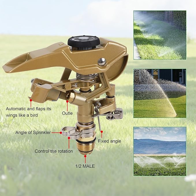 Biswing 2 Pack Impact Sprinklers, Heavy Duty Zinc Alloy Lawn Sprinkler Head with 1/2" NPT Thread, Adjustable 360 Degree Watering Sprinkler for Large Area Grass Yards Patio Garden Irrigation