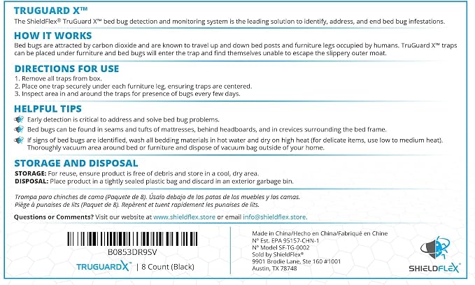 Bed Bug Trap — 8 Pack | TruGuard X Bed Bug Interceptors (Black) | Eco Friendly Traps for Bed Legs | Reliable Insect Detector, Interceptor, and Monitor for Pest Control and Treatment