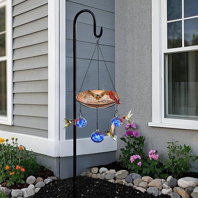 Wind Chimes Hanging Bird Feeders for Outdoors & Bird Bath & Hummingbird Feeders for Outdoors 3-in-1,Hand Blown Glass Hummingbird Feeder Balls,Detachable Feeder & BirdBath(11in)(Phoenix Tail Blue)