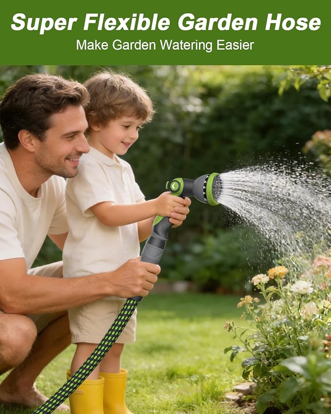 Garden Hose, Flexible Ultra Lightweight Durable, Kink-Free Water Hose with 10 Function Sprayer - Non-Shrinking, Easy to Store, All-Weather, High-Pressure (25FT)