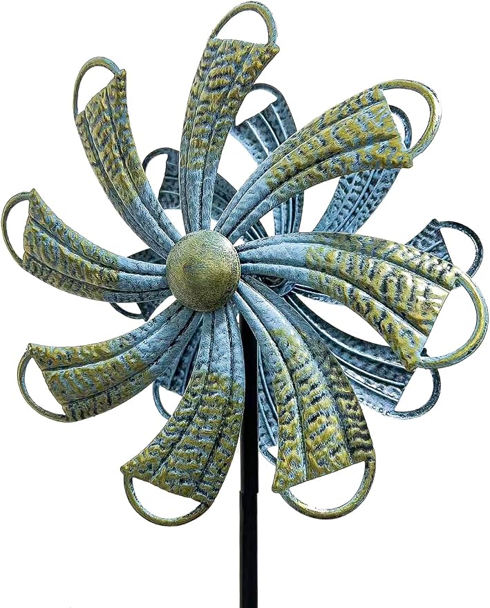 Wind Spinners Outdoor, Bronze Flower Double-Sided 360° Wind Spinner with Stake, Metal Garden Yard Decor (12.3" Dia x 54" H)
