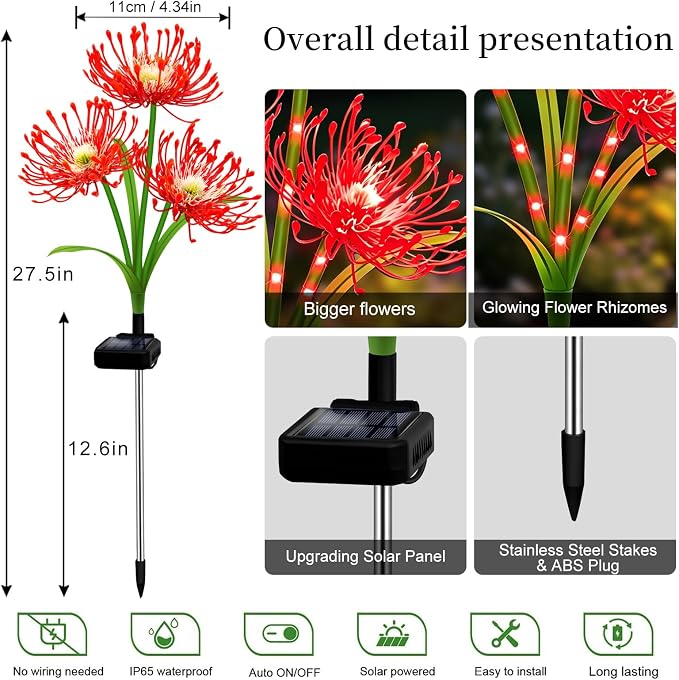 VOOKRY Solar Lights Outdoor, 4 Pack Red Spider Lily Garden Flower Lights | 3Heads per Stem& Individual Solar Panels, Warm White LED Waterproof Yard Lawn Pathway Decor,Decorative Garden Gifts for Women