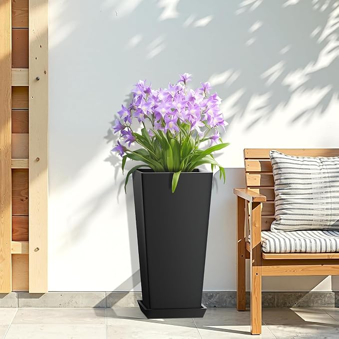 24in Tall Planters Set of 2 with Saucers, Black Classic | Built-in drainage system, Durable composite plastic, Fade-resistant design, Weather Resistant, Patio & porch decor