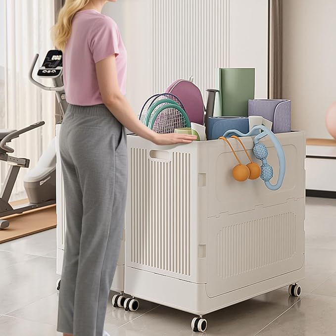 FAHKNS 123L Collapsible Storage Bin with Lid, Folding Storage Container and Install-Free Closet Organizer with Wheels for Laundry Room, Garden and Home