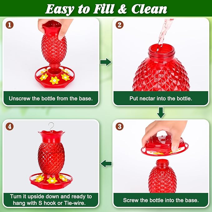 Fchstaer Glass Hummingbird Feeders for Outdoors Hanging Ant and Bee Proof 16OZ 2 Pack Red Pineapple Humming Bird Feeder with 6 Feeding Ports and Ant Moat Hummingbird Gifts for Women Garden Decor