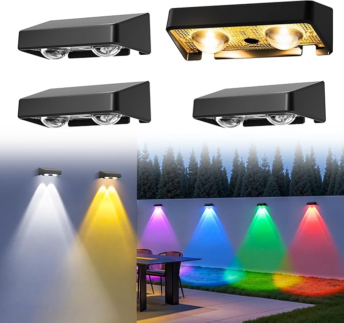 Solar Fence Lights Outdoor,50 LM 11 Modes & 9 Colors Solar Lights with Brighter LED Focus Lens Waterproof IP65 for Wall Backyard Deck Patio Porch Step Railings Pool Decor๏ผ4 Pack๏ผ