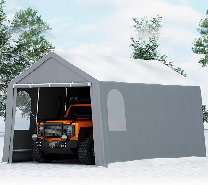 13'x20' Heavy Duty Grey PE+Steel Carport Canopy, Waterproof Outdoor Storage Shelter for Bike & Firewood