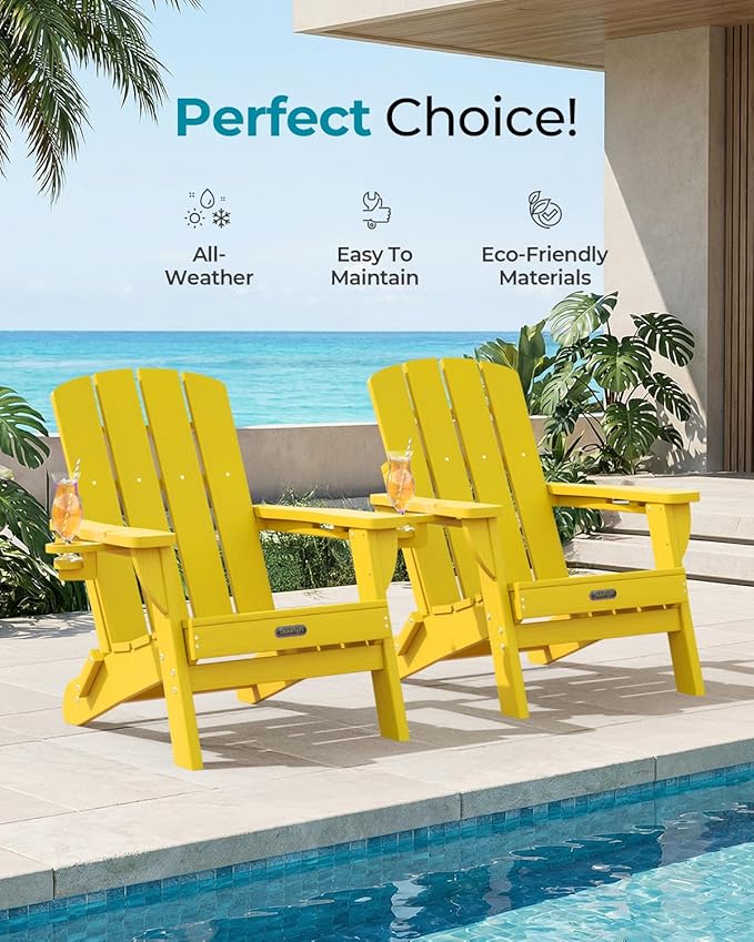 Folding Adirondack Chair, HDPE All-Weather Fire Pit Chairs, Plastic Adirondack Chairs with 2 Cup Holder, Outdoor Lawn Chair for Patio Garden (Yellow)