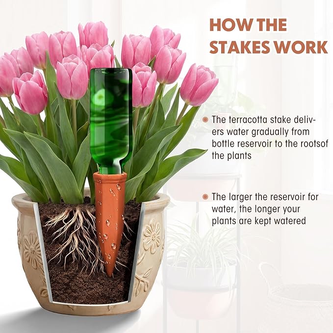 Tatuo 24 Pack Terracotta Watering Spikes Automatic Plant Waterer Devices Outdoor Indoor Use Plant Self Watering Devices Wine Bottle