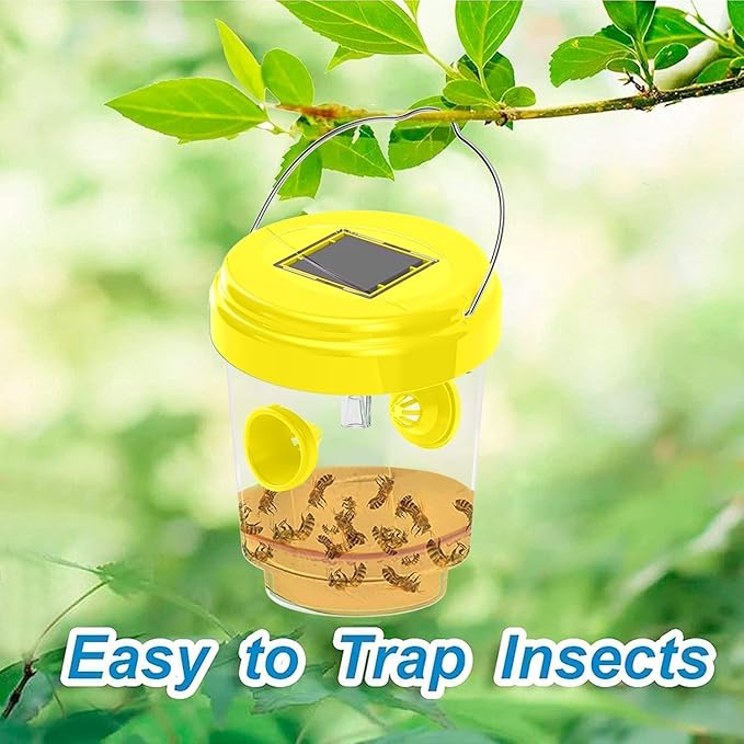 Wasp Traps Outdoor Hanging, Solar Bees, Hornets, Yellow Jacket Traps, Wasp Trap Catcher, Reusable Solar Powered Hanging for Outdoor, 4 Packs