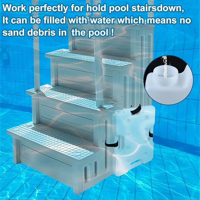 2 Pack Swimming Pool Ladder Weights for Above Ground Pools, Plastic Pool Step Weights Removable Stair Weights Anchor Container Sand Bag with 8 Hook and Loop Straps Hold 52lbs for Easy Step System
