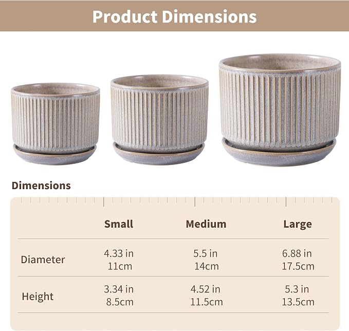SURE YUESI Ceramic Plant Pots Set of 3, Indoor Outdoor Planters with Drainage Hole and Saucer, Ceramic Flower Pots for Indoor Plants, 4.3+5.5+6.8 Inch, Home, Garden, Patio and Office, Matte Grey