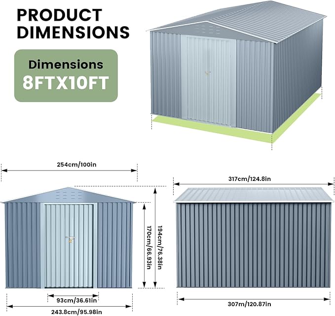 8x12 ft Metal Storage Shed, Outdoor Garden Tool Sheds with Sturdy Frame Structure, Large Metal Storage Shed with Lockable Door for Garden, Lawn, Backyard, Grey