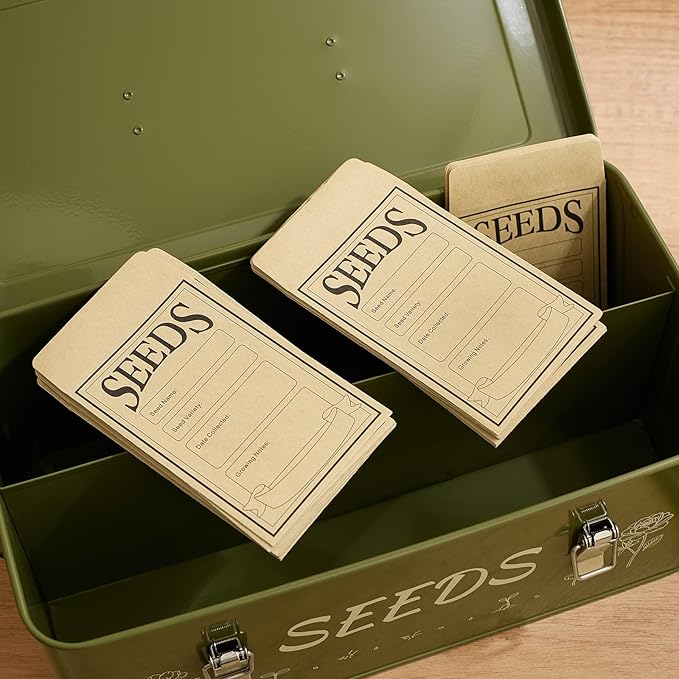VerdantVibes Metal Seed Storage Organizer Box - Large Galvanized Seed Bin with 50 Vials, 50 Envelopes, Dividers & Labels - Complete Seed Saving Container & Gardening Gifts for Women Men