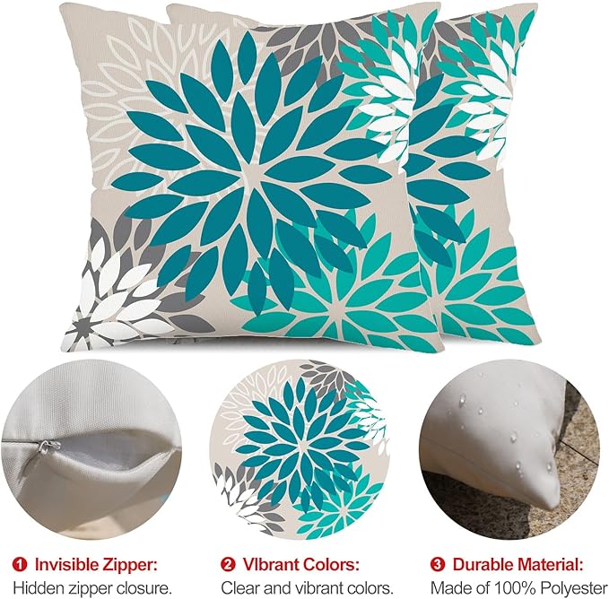 DFXSZ Dark Blue Green Outdoor Pillow Covers 20X20 Inch Set of 2 Spring Teal Flower Pillow Case Outdoor Waterproof Decor for Patio Funiture Garden Polyester pillowcovers 002D20
